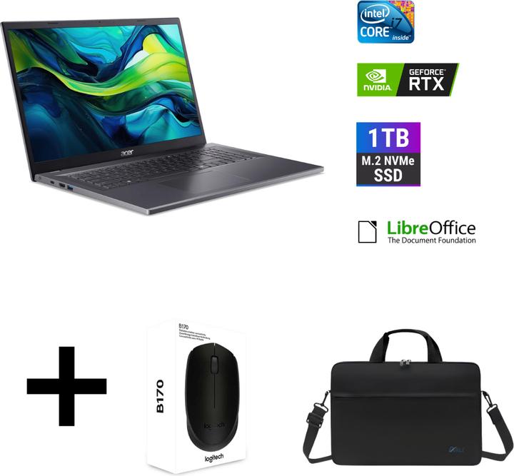 Produktbild Acer Aspire 17 17.30", 1000 GB, 32 GB, Deutschland, Intel Core 7 150U +Tasche, Maus & Office (17.30", 1000 GB, 32 GB, DE, Intel Core 7 150U)