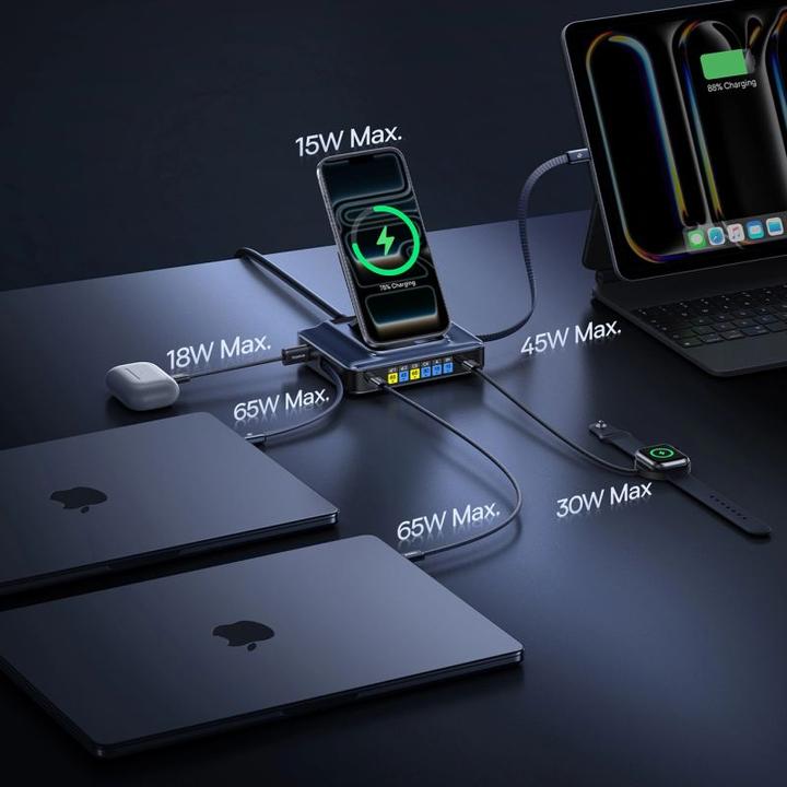 Produktbild Baseus Stacja ładująca Nomos NH21 6w1 245W bezprzewodowa z dwoma zwijanymi kablami USB-C - czarna (245 W, 6 Ports)