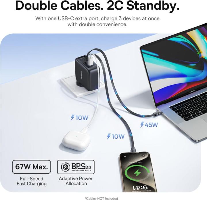 Produktbild Baseus EnerCore CJ21 Charger Retractable 3C 67W EU Black (67 W, 3 Ports)