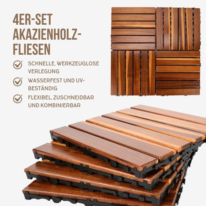 Produktbild Hermex 4er-Set Akazienholz-Fliesen Bodenplatten Klickfliesen Holzfliesen (4 x)