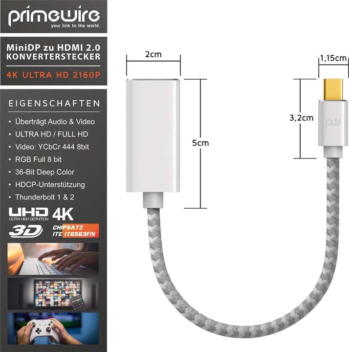 Produktbild Primewire 4K Mini Displayport zu Hdmi 2.0 Adapter, Mini DP Kabel, mDP Adapter, 4K@60Hz, Thunderbolt (0.20 m, HDMI)