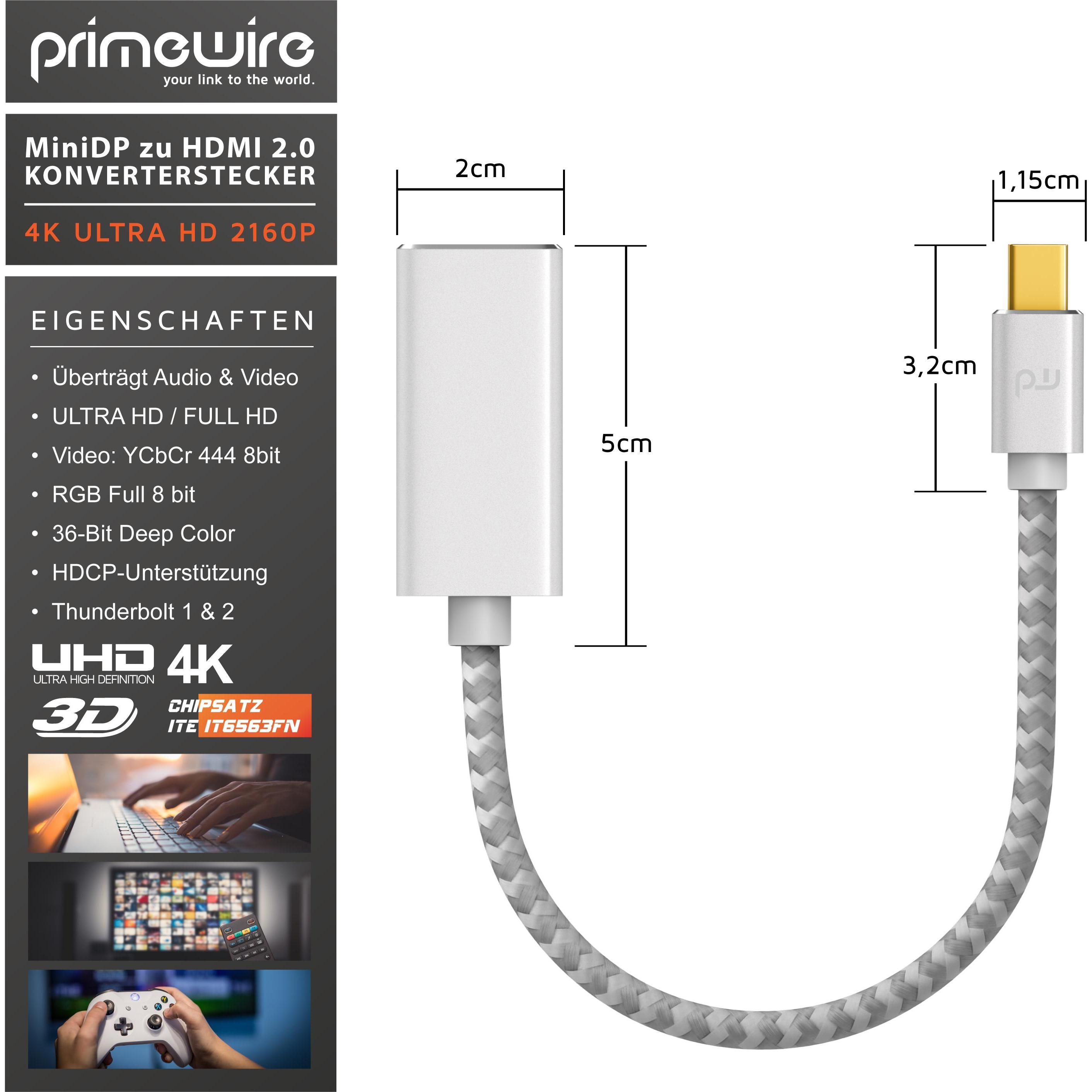 Thumbnail - Primewire 4K Mini Displayport zu Hdmi 2.0 Adapter, Mini DP Kabel, mDP Adapter, 4K@60Hz, Thunderbolt (0.20 m, HDMI), Vide...