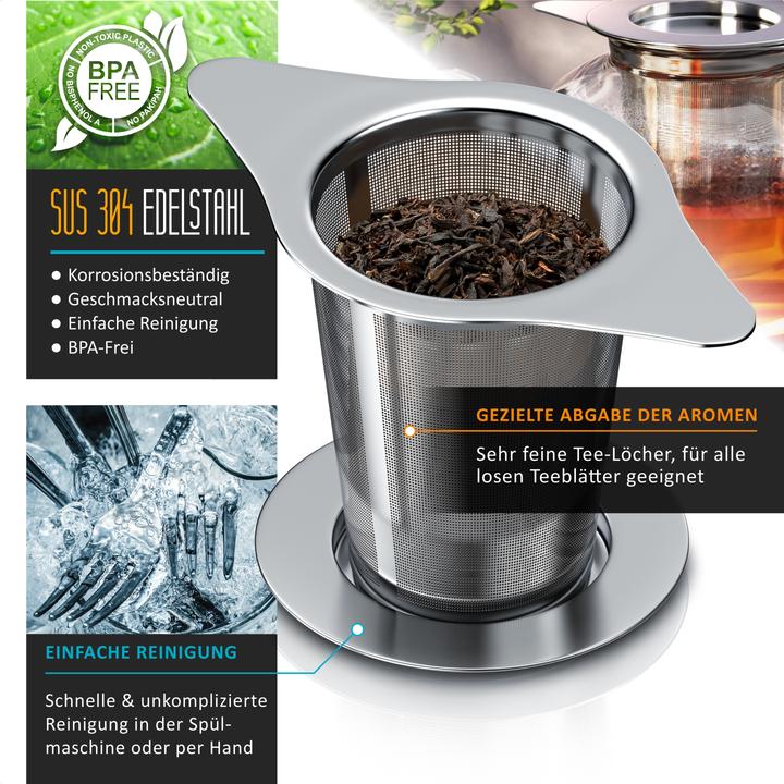 Produktbild Arendo Teesieb, Edelstahl, Doppelgriff & Multifunktionsdeckel, für Kannen & Tassen, Teefilter, Kräutersieb