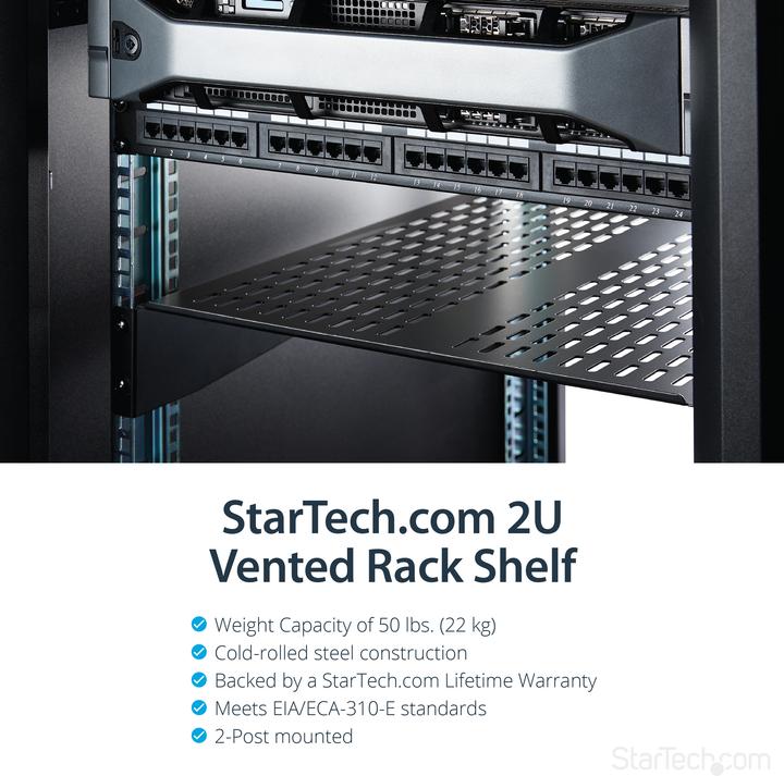 Productafbeelding StarTech 2 U Vast legbord voor serverrack/kast tot 22 kg - 55 cm diep - geventileerd