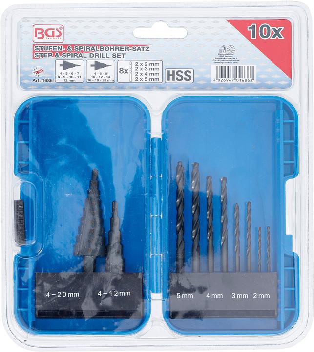Actual product image BGS Step Drill and Twist Drill Set Ø 4 - 12 / 4 - 20 mm 2 - 5 mm 10 pcs. (2 - 5 mm, 4 - 12, 4 - 20)