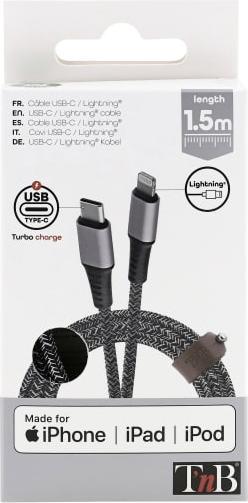Produktbild T'nB CÂBLE USB-C - LIGHTNING M/M 1,5M (NOIR/GRIS) (1.50 m)