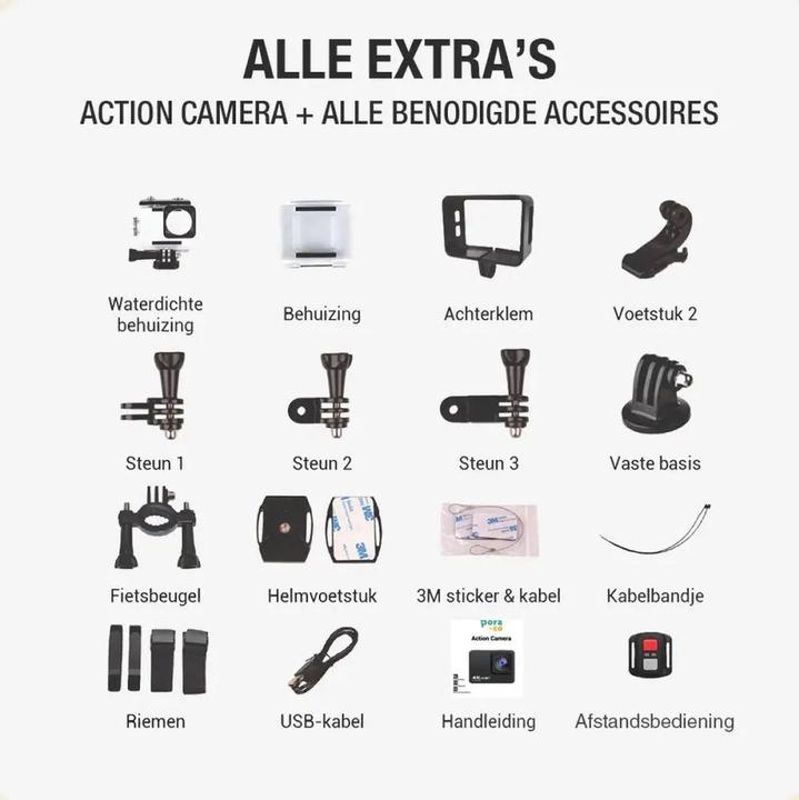 Image du produit Pora&Co - Action camera - 4K - 16MP - 60FPS / 30M Waterproof / WiFi - Inclusief Accessoires - Actiecamera - (WiFi)