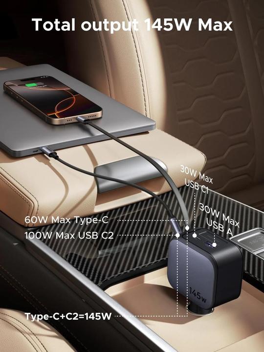 Actual product image Ugreen 2-Port Fast Charger 145W- Retractable Cable