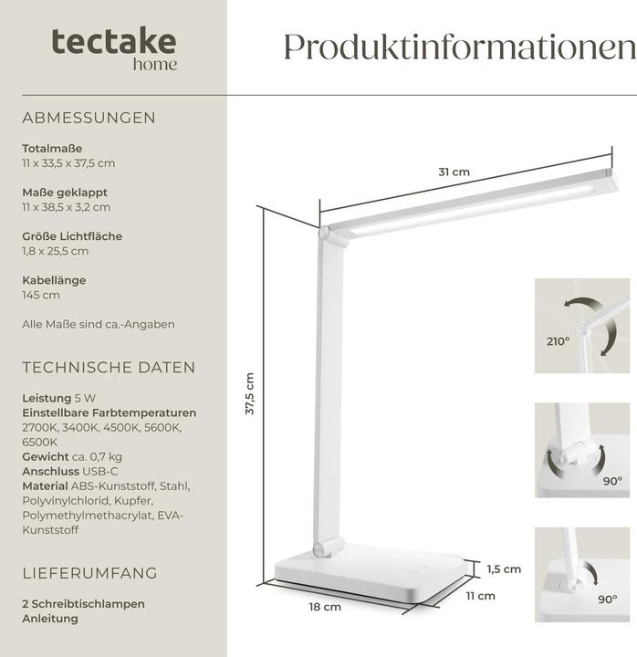 Produktbild tectake Schreibtischlampe Novaly, LED, dimmbar, klappbar, 5W