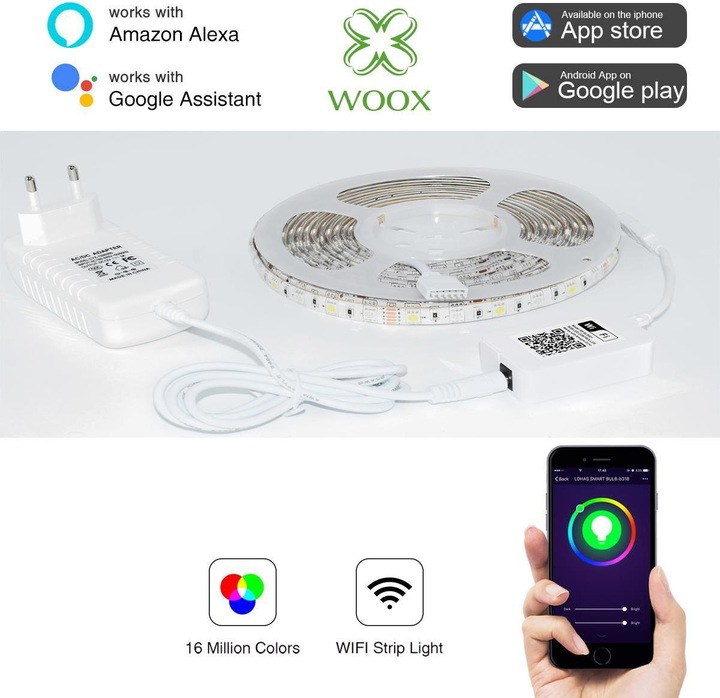 Immagine prodotto Woox Striscia LED intelligente + adattatore RGB+WW, Alexa, Google Home (Multicolore, 500 cm, Interno)