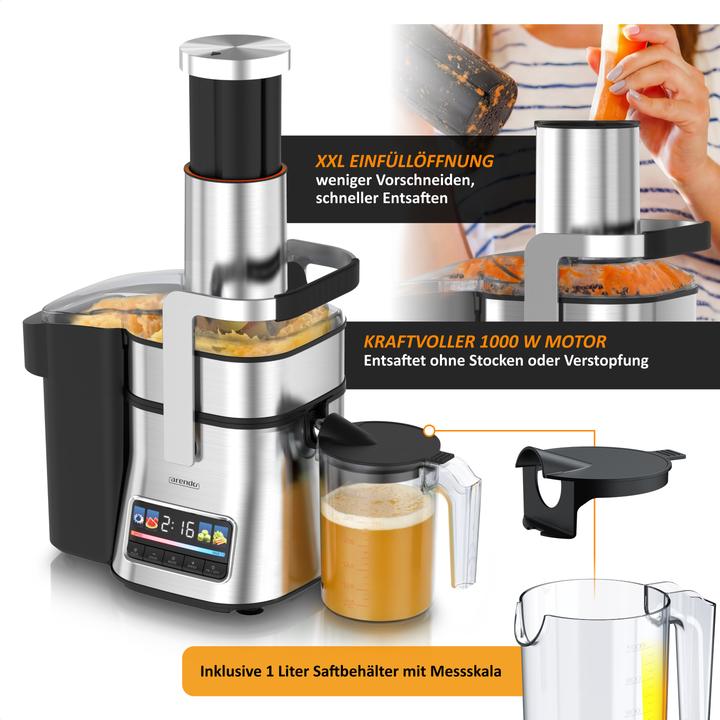 Actual product image Arendo Zentrifugalentsafter, BPA Frei, Edelstahl, 1000W, XXL-Einfüllschacht, Programme, Display, Tropfstopp