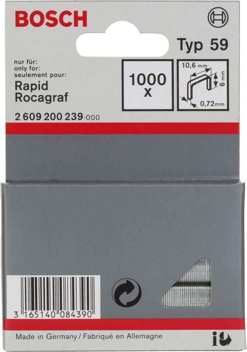 Produktbild Bosch Professional Zubehör Feindrahtklammer Typ 59, 10,6 x 0,72 x 6 mm, 1000er-Pack
