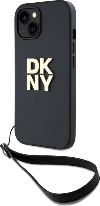 Actual product image DKNY PU Leather Stack Logo Wrist Strap Case for iPhone 13 Black (Apple iPhone 13)