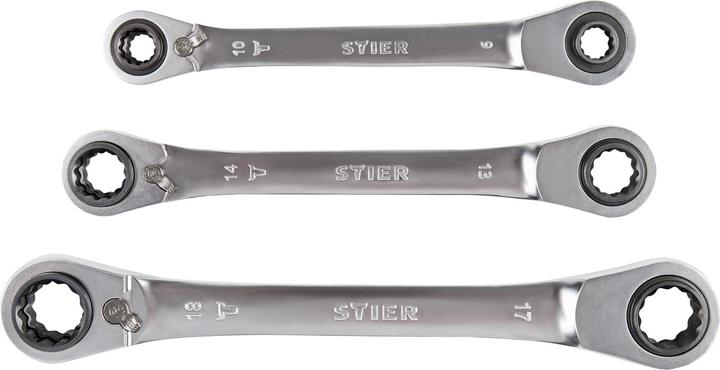 Produktbild Stier Doppel-Ringratschenschlüssel-Satz 4-in-1, 8 - 19 mm, 3-teilig (10 mm, 11 mm, 12 mm, 13 mm, 14 mm, 15 mm, 16 mm, 17 mm, 18 mm, 19 mm, 8 mm, 9 mm)