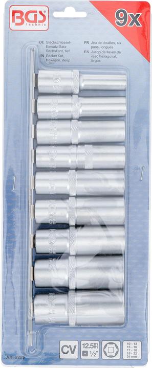 Produktbild BGS Steckschlüssel-Einsatz-Satz Sechskant, tief 12,5 mm (1/2") SW 10 - 24 mm 9-tlg. (10  mm, 11 mm, 12 mm, 13 mm, 14 mm, 15 mm, 16 mm, 17 mm, 18 mm, 19 mm, 20 mm, 21 mm, 22 mm, 23 mm, 24 mm)