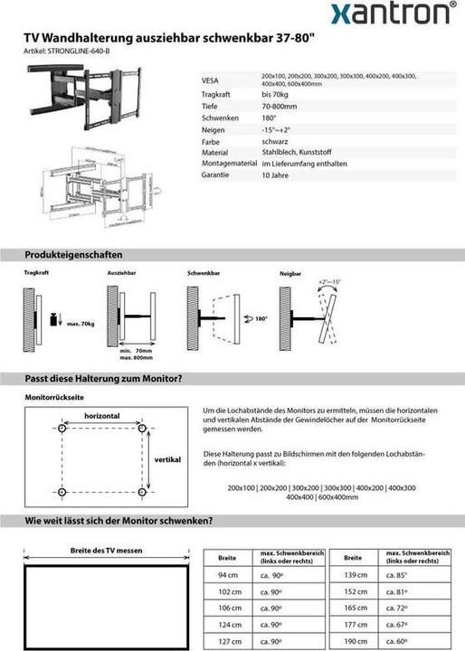Image du produit Xantron Strongline-640-B (Mur, 70 kg, 37" - 80")
