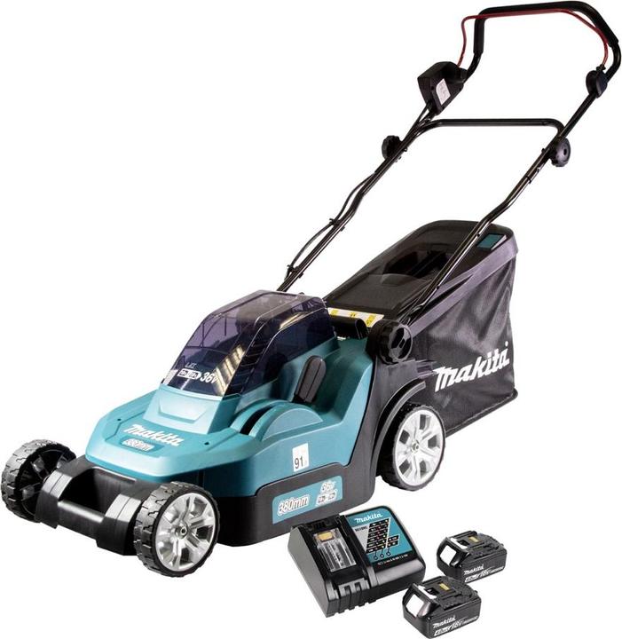 Actual product image Makita DLM 432 RM2 battery lawn mower 36 V ( 2x 18 V ) 43 cm brushless + 2x battery 4.0 Ah + charger (Rechargeable battery operated)