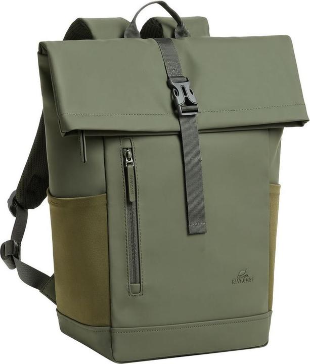 Actual product image Rivacase Rolltop Eco Waterproof RPET PU Leather Backpack for Men and Women, Olive Green (17 l)