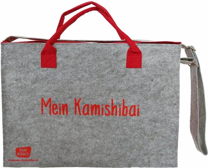 Umhängetasche /"Mein Kamishibai/". Modell 2019. Aus grauem Filz, verstärktem Boden, roten Seitenteil