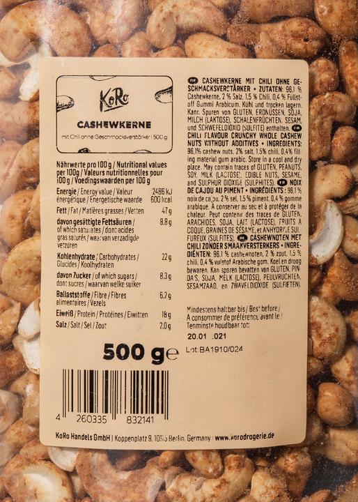 Valori nutrizionali e ingredienti KoRo Anacardi arrostiti con peperoncino e sale (500 g)