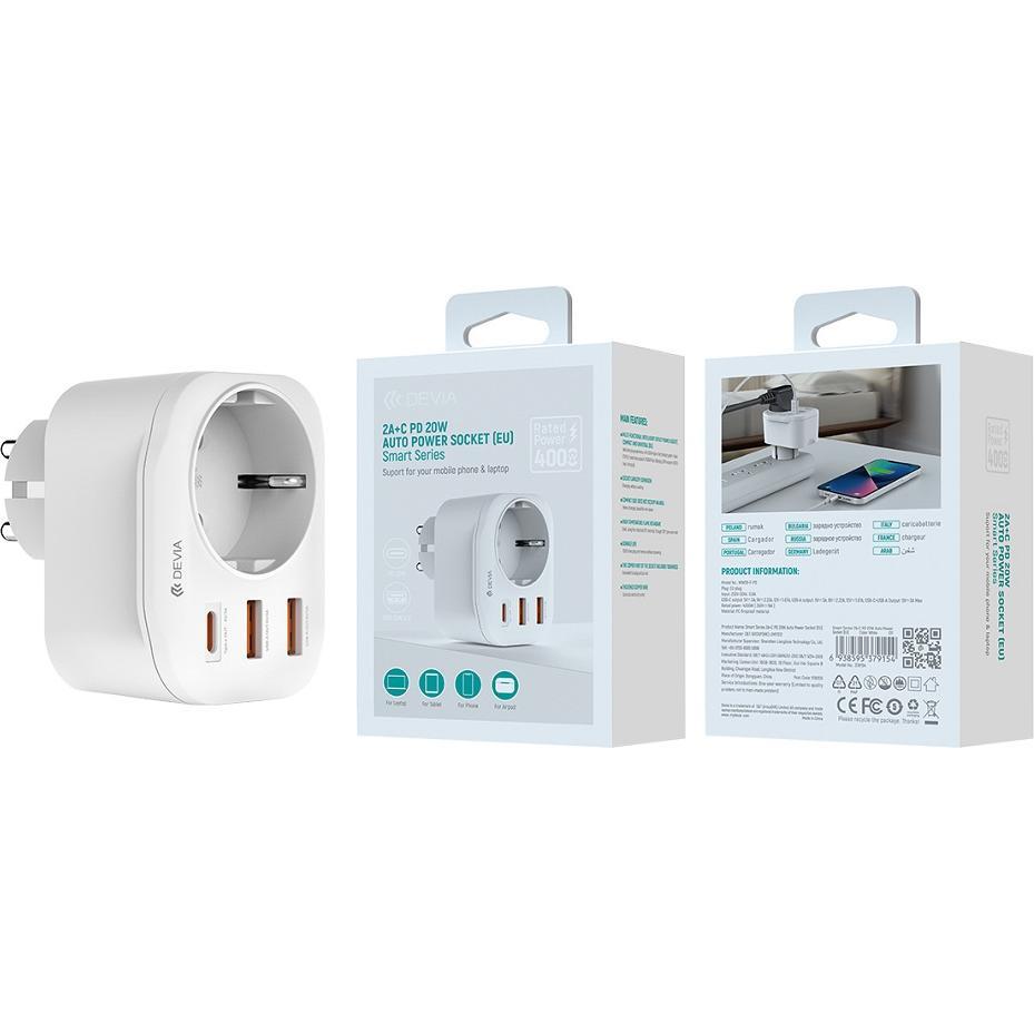 Thumbnail - Devia Steckdose PD-Ladegerät 20W 1x USB-C 2x USB 3A weiss (20 W), USB Ladegerät, Weiss