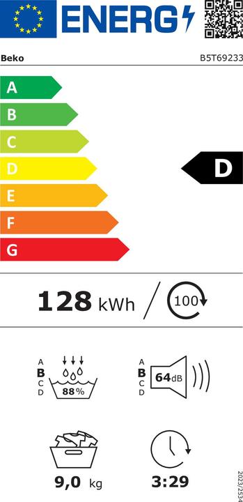 Label énergétique Beko B5T69233 (9 kg, Droite, Modifiable)