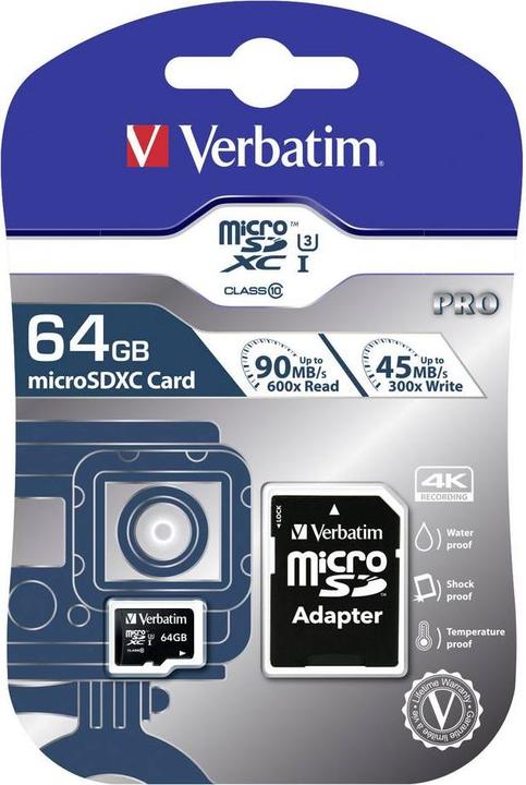 Actual product image Verbatim Pro (64 GB, microSDXC, U3, UHS-I)