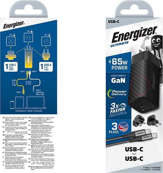 Produktbild Energizer Power-Delivery Ladegerät – 65 W – EU/UK/US inkl. USB-C zu USB-C Kabel (65 W)
