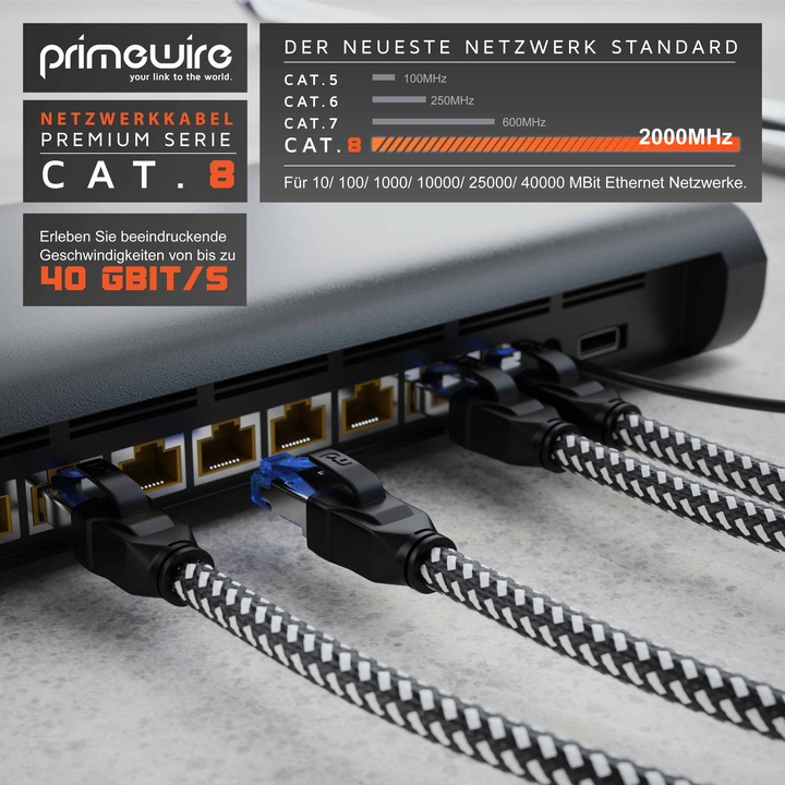 Actual product image Primewire CAT 8 network cable 40 Gbits - cotton jacket - LAN cable patch cable RJ45 - S/FTP PIMF shielding (S/FTP, CAT8.1, 3 m)