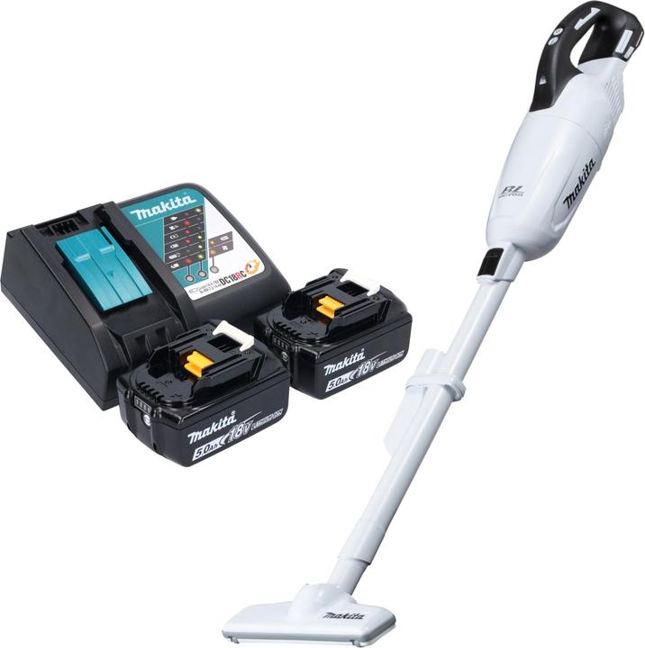 Makita DCL 281 FRTW Akku Staubsauger 18 V weiss Brushless + 2x Akku 5,0 Ah + Ladegerät