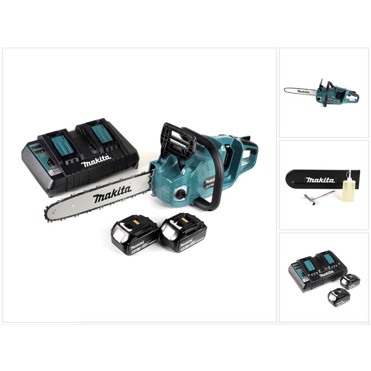 Thumbnail - Makita, Kettensäge, DUC 355 PT2 Akku Kettensäge 36V ( 2x18V ) Brushless 35 cm + 2x 5,0 Ah Akku + Doppelladegerät (Akku K...