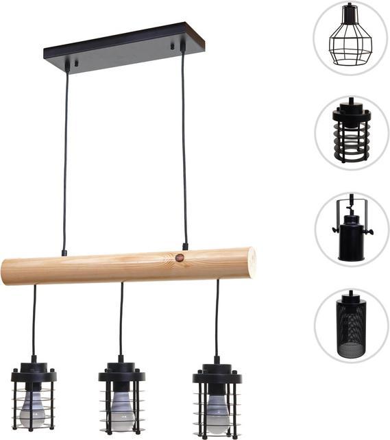 Immagine prodotto Swisshandel24 Lampada a sospensione, legno massiccio industriale vintage in metallo nero - 3 paralumi a gabbia (E27)