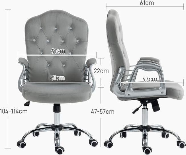 Image du produit Swisshandel24 Chaise de bureau à bascule, ergonomique, avec boutons en cristal, aspect velours, jusqu'à 120 kg (47 - 57 cm)