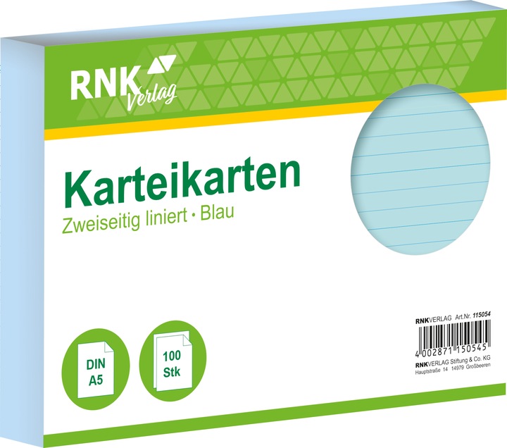 Produktbild Rnk Karteikarten liniert A5 (A5, 205 g/m², 100 x)