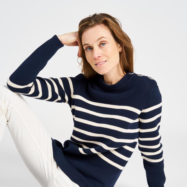 Immagine prodotto Tribord Pullover da donna in maglia da vela, 100 blu navy con righe beige (S)