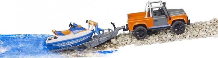 Produktbild Bruder Fahrzeug Land Rover Defender Pick Up mit Anhänger, Jet-Ski und Fahrer