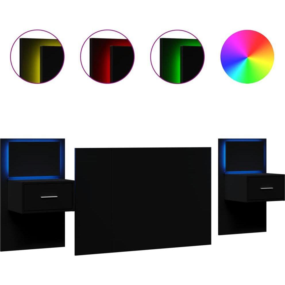 VidaXL, Bett Zubehör, Wand Kopfteil Bettkopfteil Betthaupt mit LED-Nachttischen Schwarz 120cm (120 x 1,5 x 80 cm)