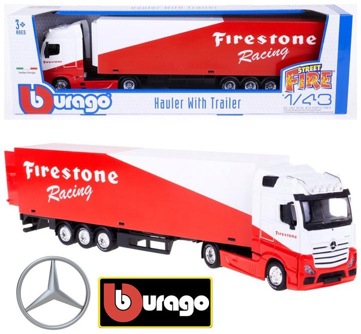 Produktbild No Name Bburago Diecast 1:43 Street Fire Haulers With Trailer Mercedes-Benz Actros Firestone Racing Ages 3+