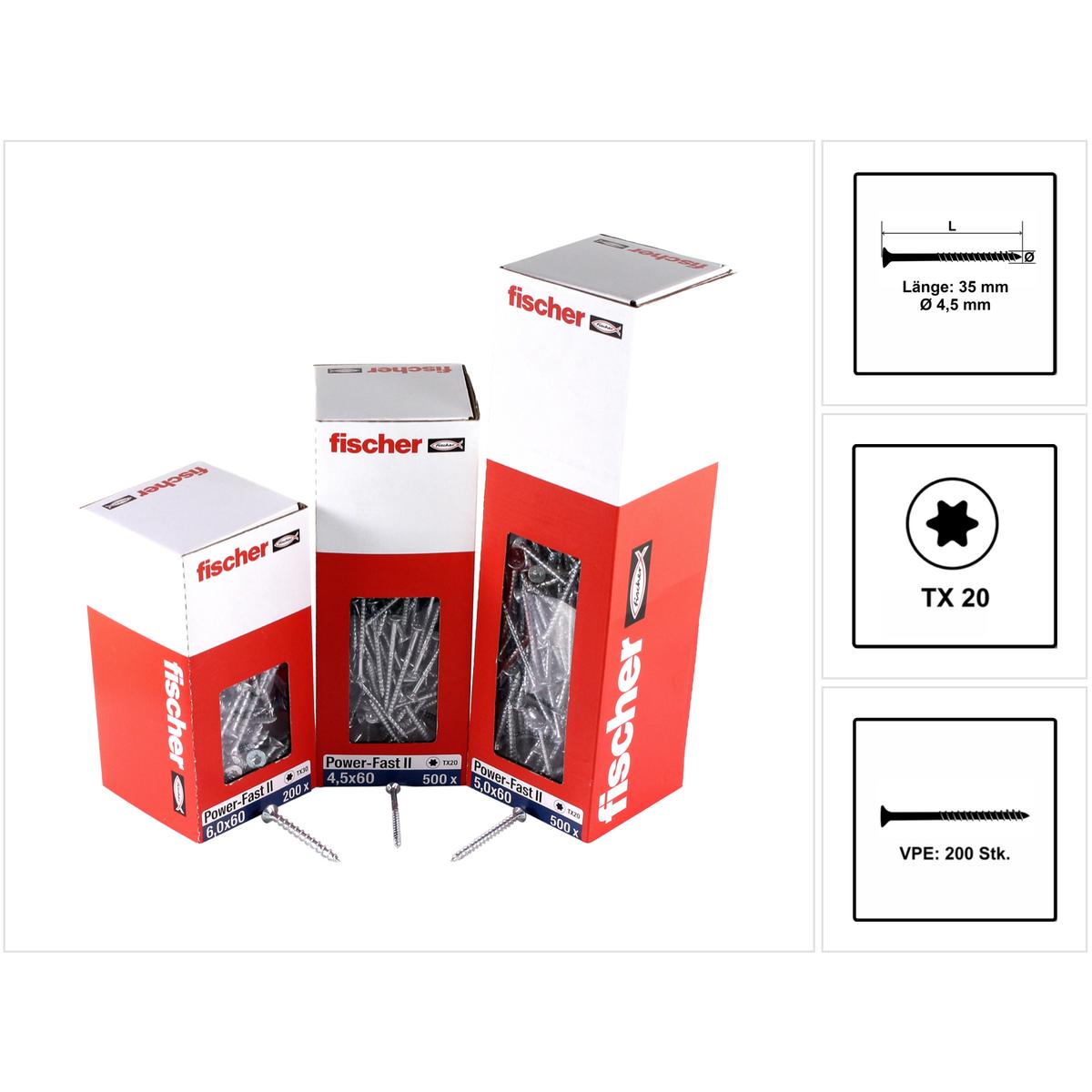 Fischer, Schrauben, Power-Fast II FPF II Spanplattenschraube 4,5x35 mm 200 Stück ( 670266 ) Senkkopf mit Torx Te (200 Sc...