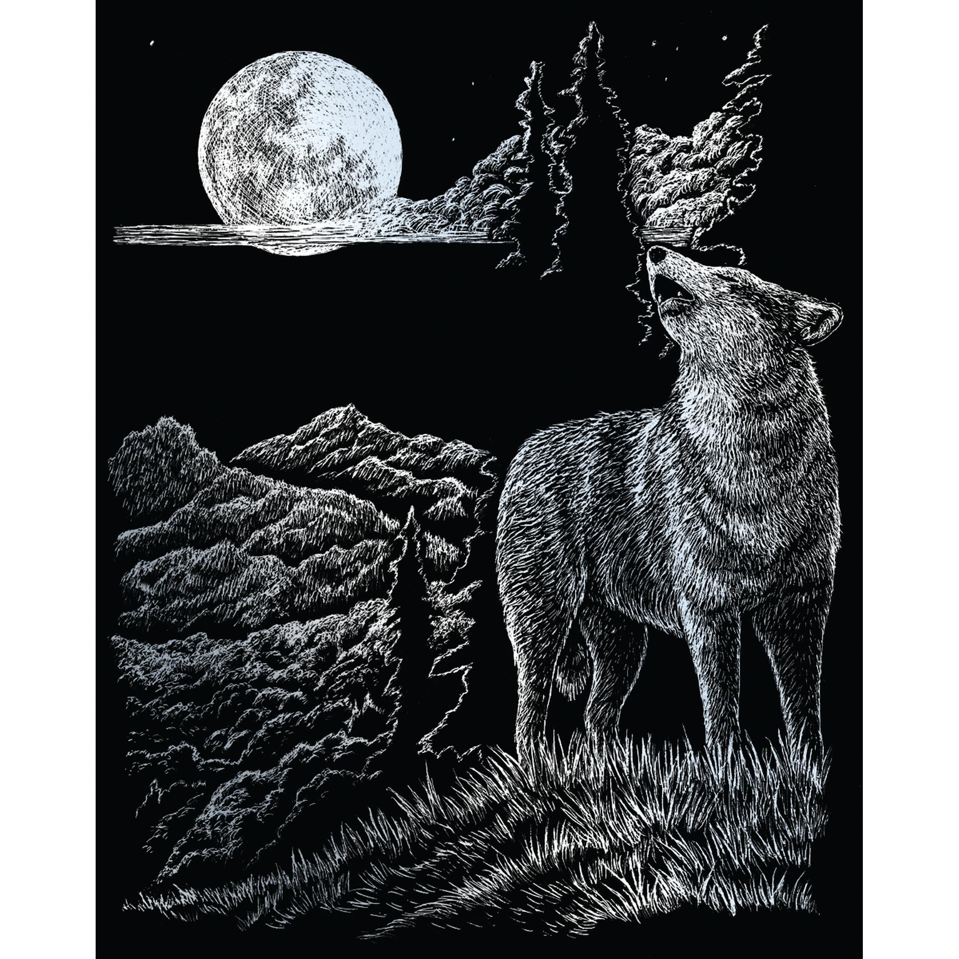 Magni Kratzbild Wolf & Mond 20x25cm silber