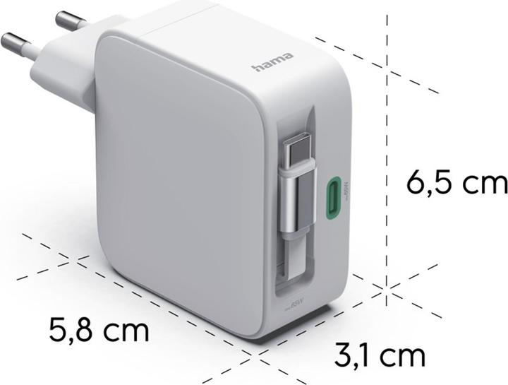 Produktbild Hama Schnellladegerät, GaN, 2x USB-C, ausziehbares Ladekabel, PD, 65 W, Weiss (65 W, 2 Ports)