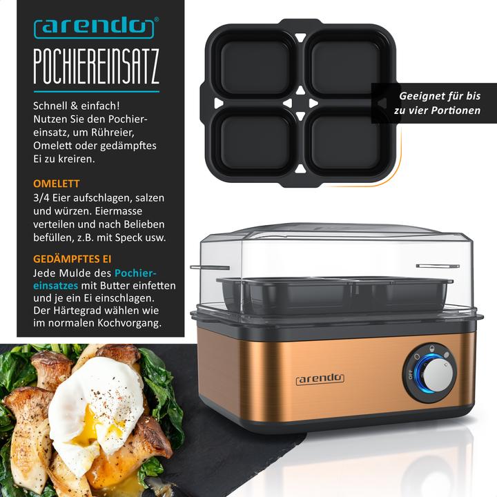 Produktbild Arendo Eierkocher für 1 bis 8 Eier, Edelstahl, Warmhaltefunktion, Härtegrad einstellbar, 500 W, Kupfer