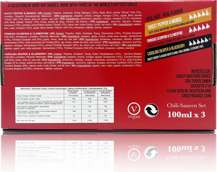 Valori nutrizionali e ingredienti Crazy Bastard Sauce Set di 3 salse piccanti (3 x 100 ml) - Salsa piccante (860 g)