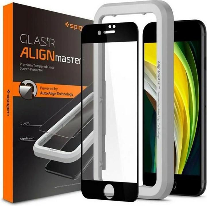 Spigen tempered glass ALM GLASS FC for iPhone 7 / 8 / SE 2020 / SE 2022 black (1 Stück, LG K8 2017, Apple iPhone SE (2nd Gen))