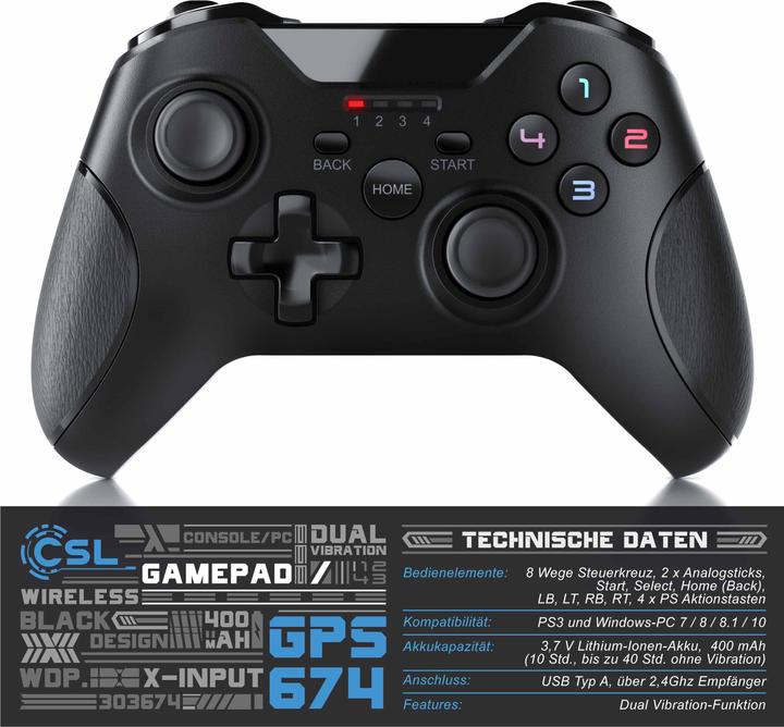 Produktbild CSL Gaming Controller, 2,4 Ghz Wireless Gamepad für PC, PS3 & Playstation im Xbox-Design, kabellos (PC)