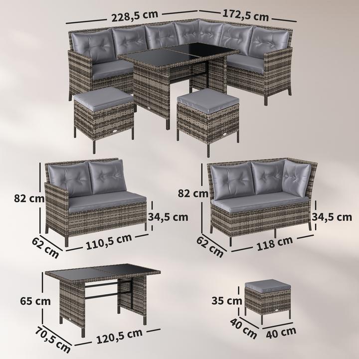 Produktbild Outsunny Sitzgruppe Polyrattan, Metall, Polyester, Sicherheitsglas Grau