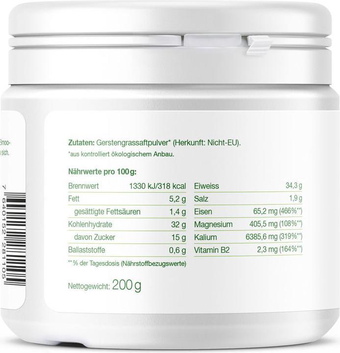 Nährwerte und Zutaten Effective Nature Bio Gerstengrassaft Pulver (200 g)