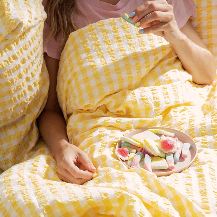 Produktbild Juna B 140 x L 220 cm - Økologisk bomuld - Gul/hvid (Bettwäsche Set, 140 x 220 cm)