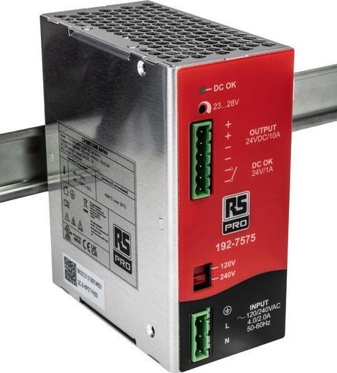RS PRO DIN-Schienen Netzteil, 120V ac, 24V / 10A