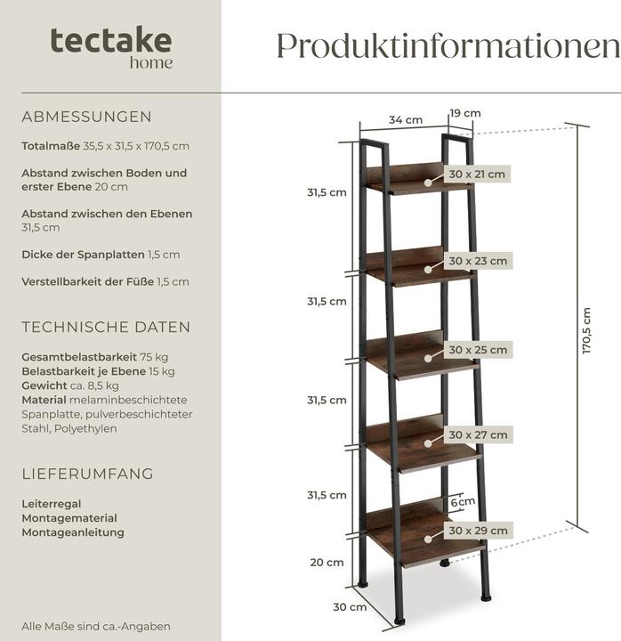 Immagine prodotto tectake Leiterregal (35.50 x 35.50 x 170.50 cm)